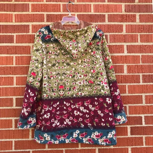 womens 2xl floral hoodie jacket zip up green burgundy blue fleece lined - Picture 8 of 11